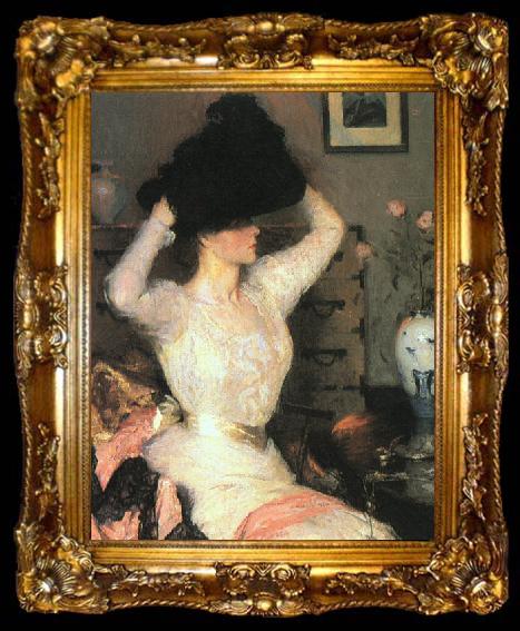 framed  Benson, Frank Lady Trying On a Hat, ta009-2
